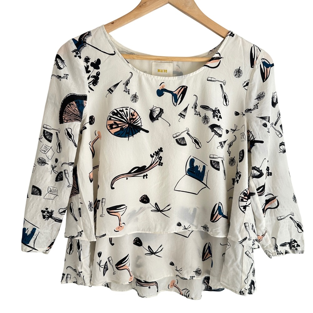 Maeve Anthropologie Silk Blouse Womens 4 White Novelty Print Tiered Paris *Flaws
